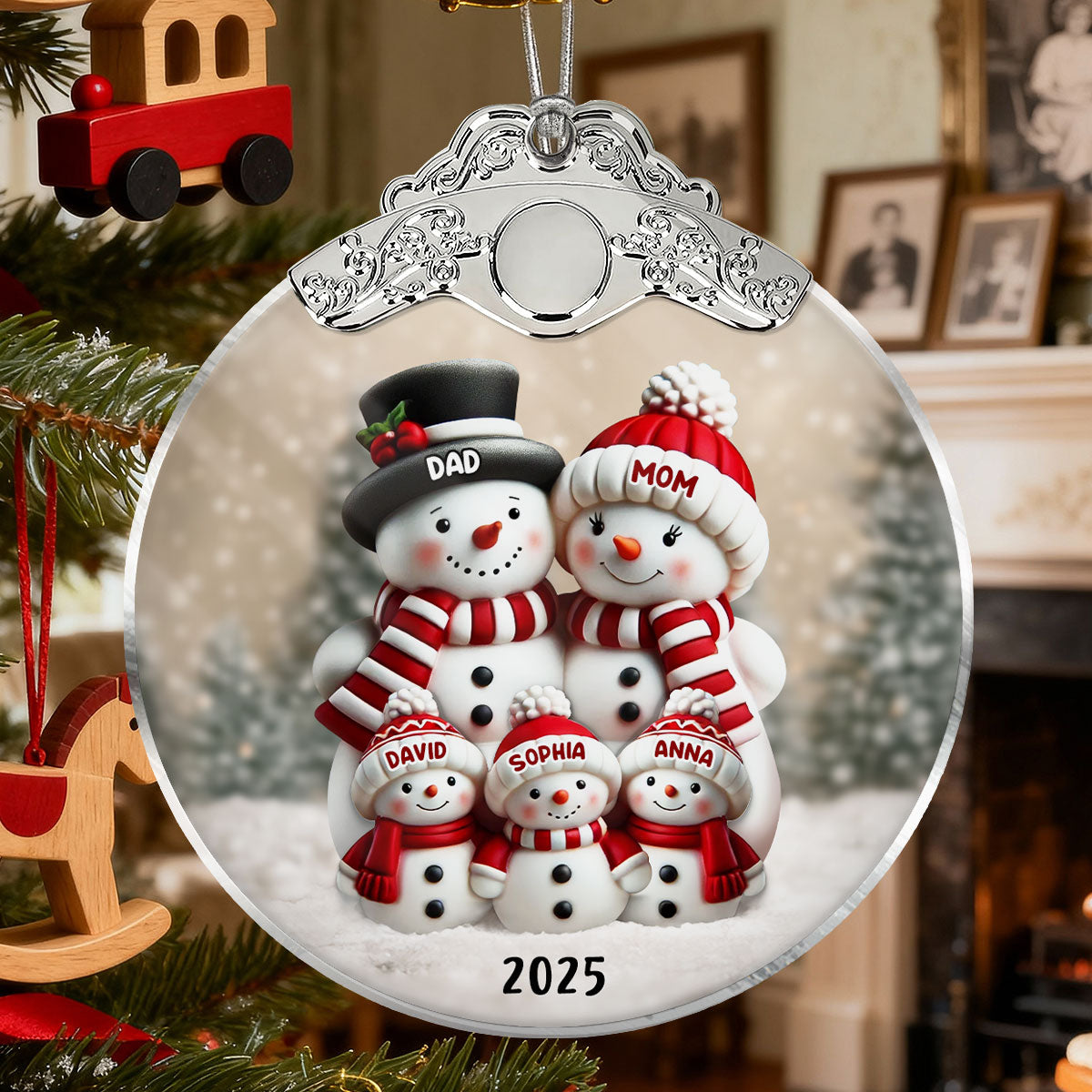 3D Effect Cute Snowman - Personalized Glass Ornament With Silver Cap - Christmas Decor For Family, Grandma, Grandpa