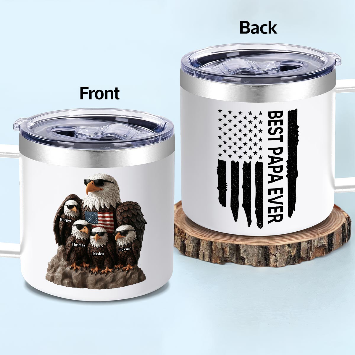 Patriotic Eagle Grandpa Dad & Kids 3D Effect Personalized Stainless Steel Tumbler With Handle