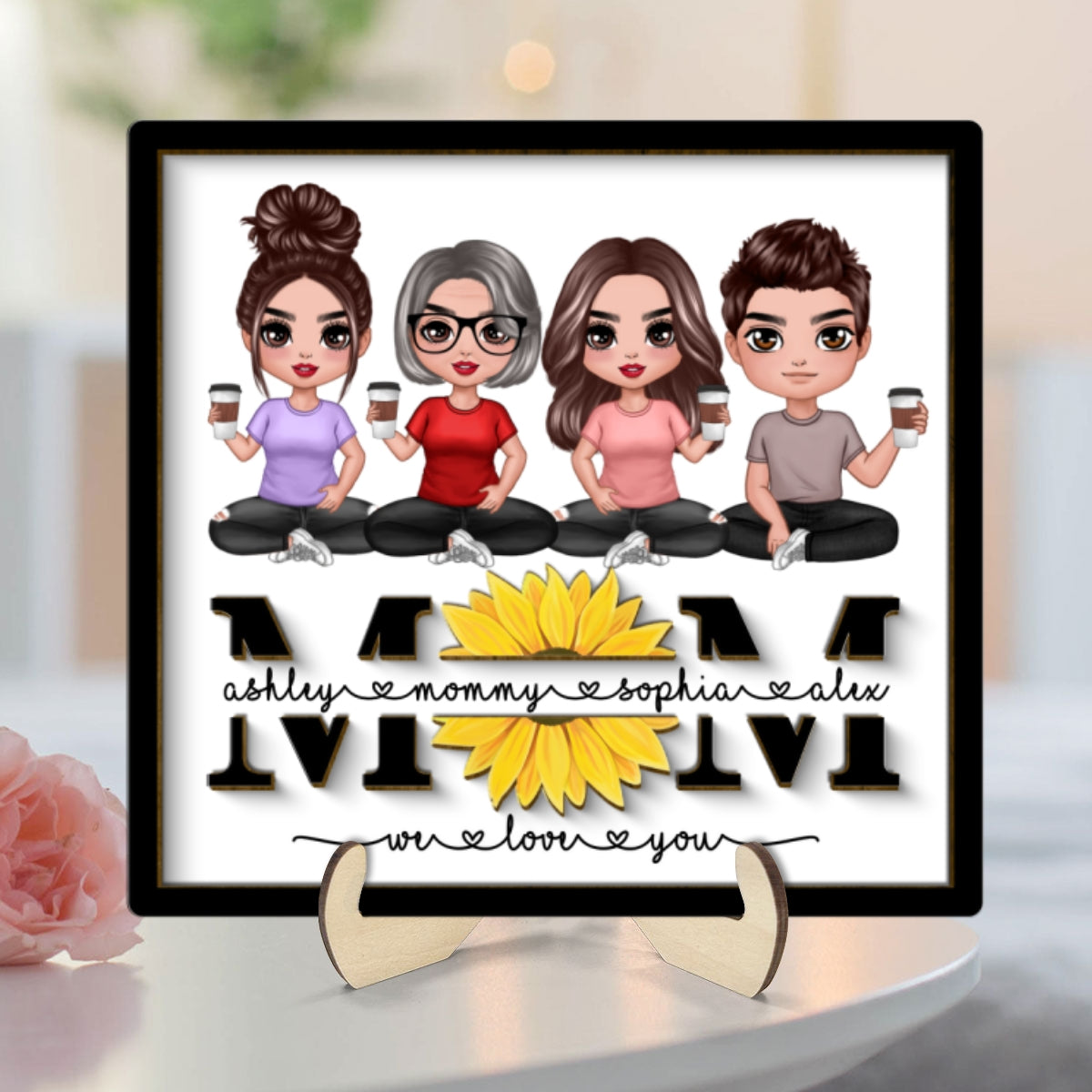 Mom We Love You Sunflower Doll Sitting On Text Personalized 2-layer Wooden Plaque, Gift For Mom