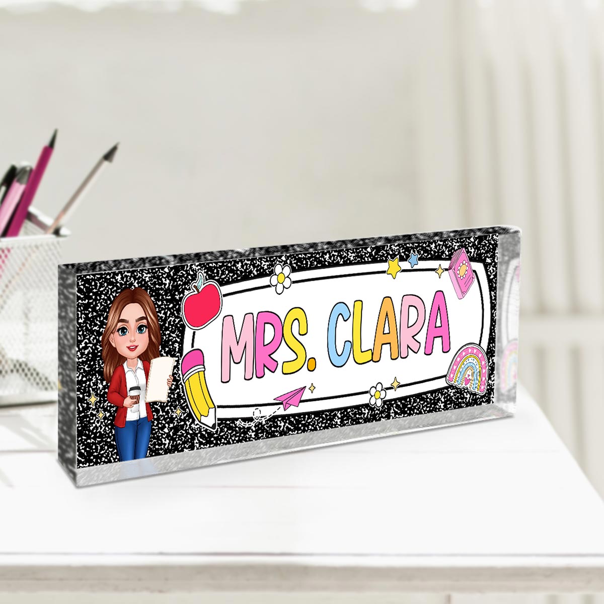 Teacher Composition Book Pattern Personalized Acrylic Desk Name Plate, Back To School Gift