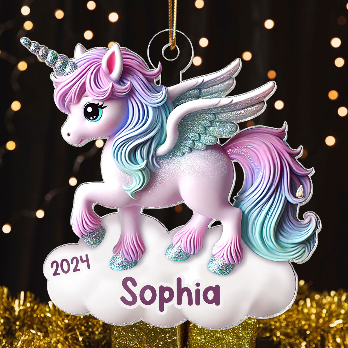 Magical Unicorn 3D Effect Baby's First Christmas Personalized Acrylic Flat Ornament