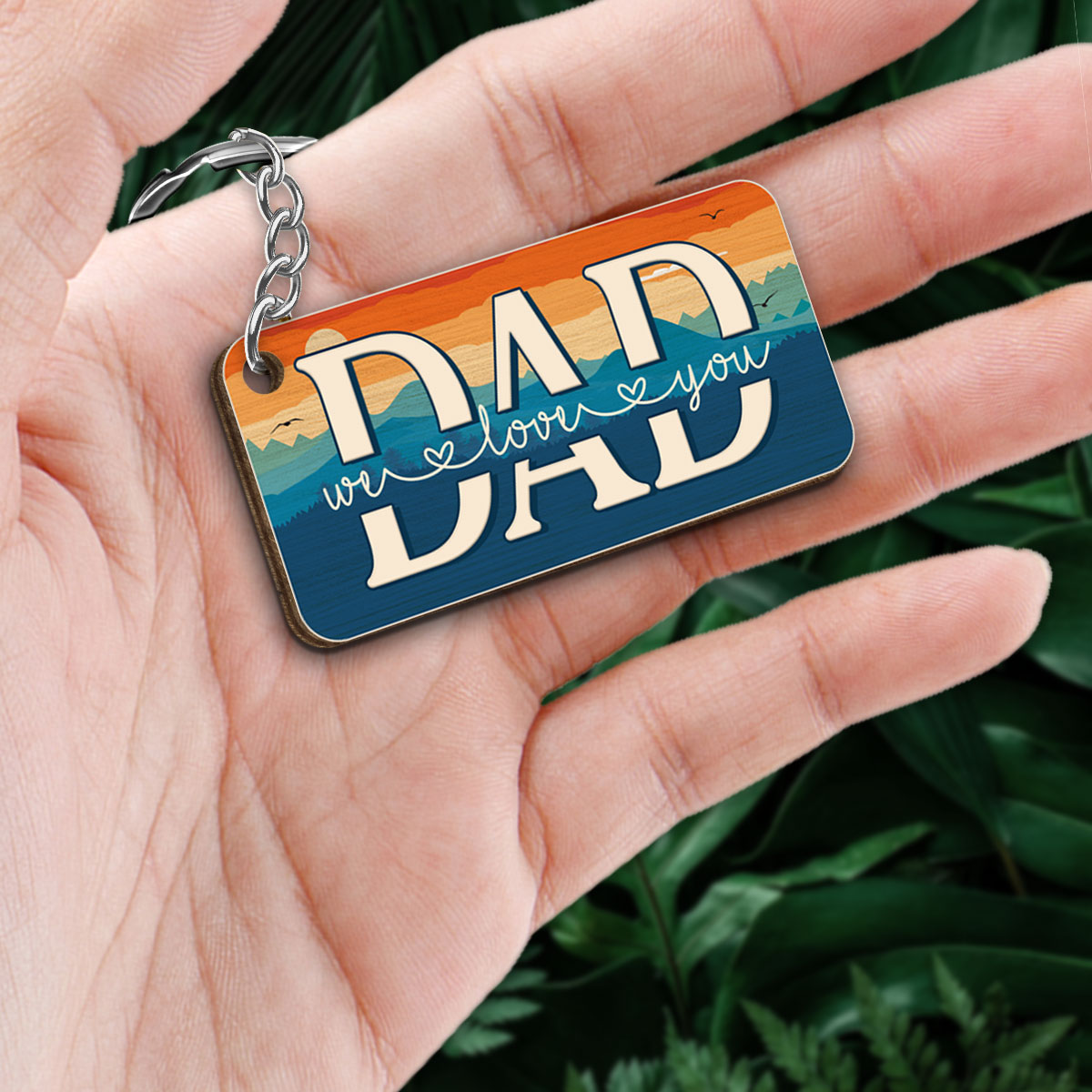 Best Dad Ever Mountain Retro Pattern Back View Man & Kids Personalized Wooden Keychain