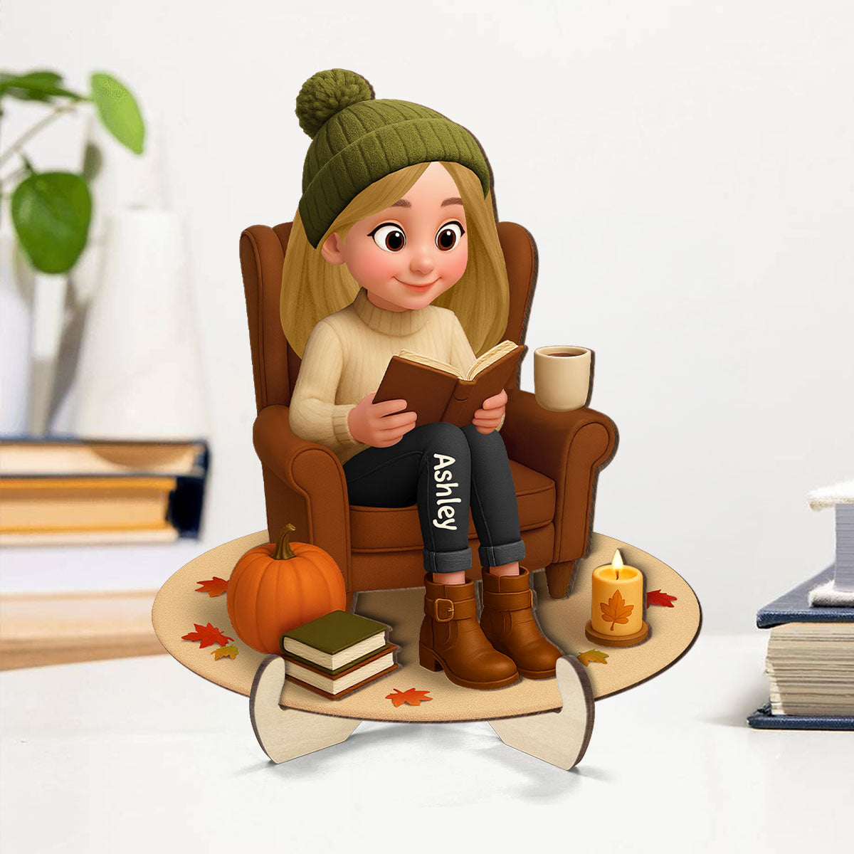 Fall Girl Reading Book On Armchair Personalized 2-Layer Wooden Plaque