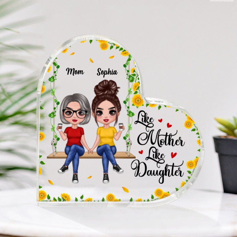 Doll Mom Daughter Sitting On Swing Holding Sunflower Personalized Heart Acrylic Plaque