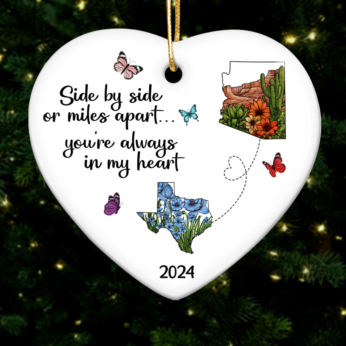 Miles Apart Long Distance Friendship Family Watercolor Wildflower State Map Personalized Ceramic Heart Ornament, Togetherness Keepsake
