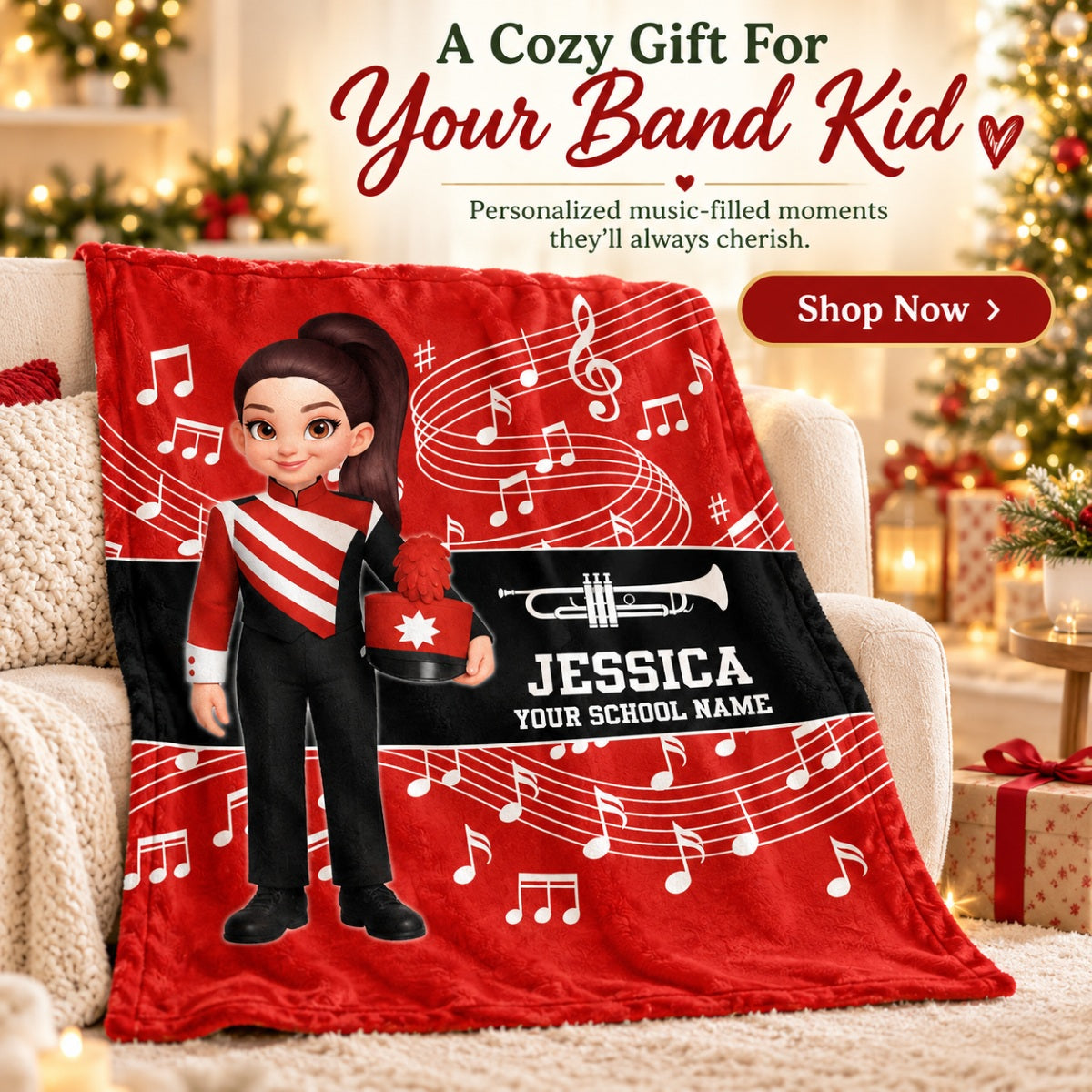 Custom Music Marching Band, Orchestra, Personalized Name, Color, School, Instrument, Trumpet, Clarinet, Tuba, Violine - Personalized Fleece Blanket - Christmas Gift For Son, Grandson, Daughter, Granddaughter