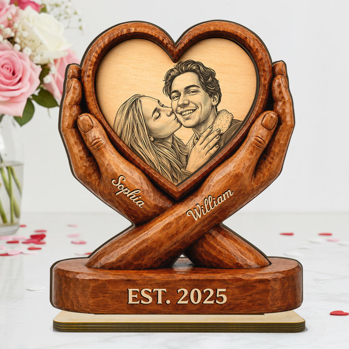 Custom Couple Photo Sketch Style Forever Love - Personalized 2-Layered Wooden Plaque - Anniversary Gift For Couple, For Him, For Her