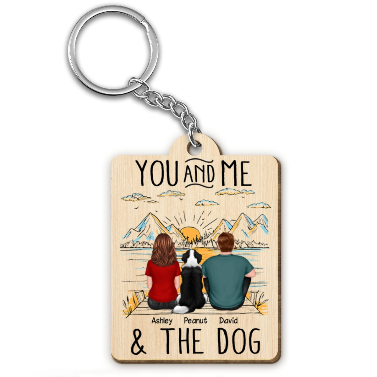 Outline Background Back View Couple And Dogs Personalized Wooden Keychain