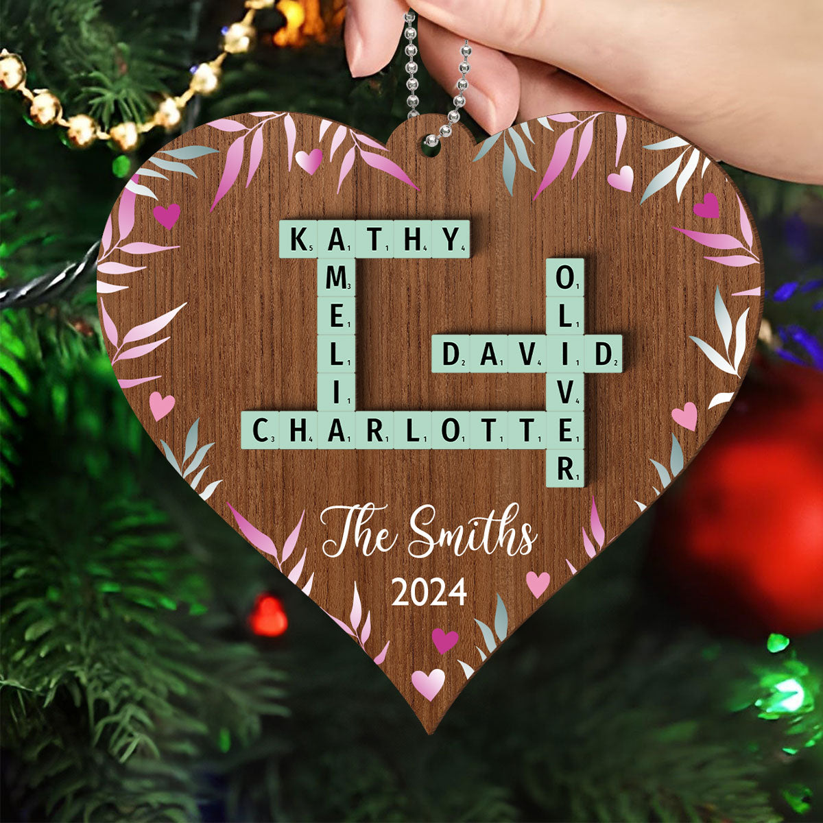 Family Crossword Puzzle Art Personalized Heart Shaped 2-Layered Wooden Ornament, Christmas Gift for Family & Friends