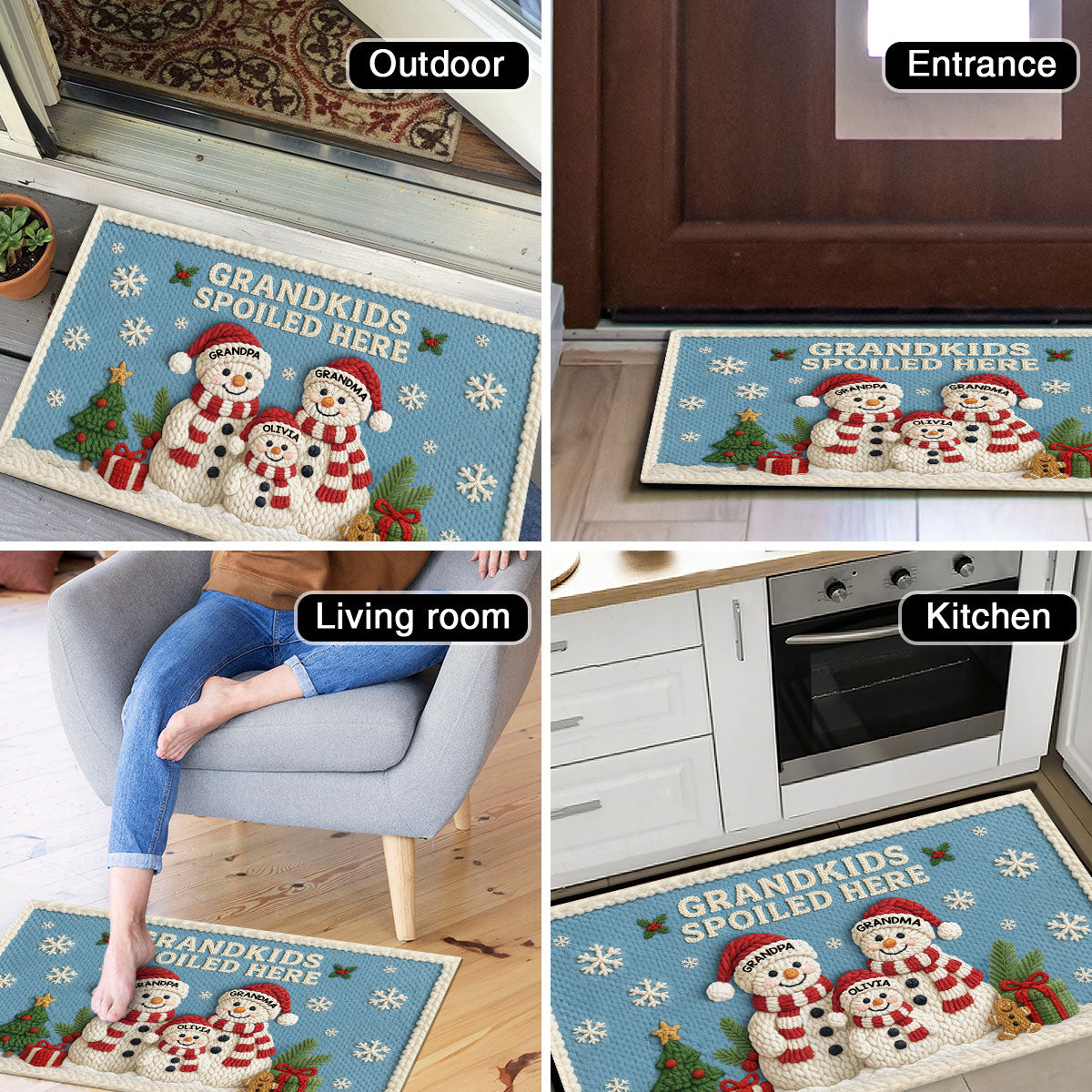 Grandma Grandpa Grandkids Snowman Crochet Faux Yarn Texture - Personalized Doormat - Christmas Decoration