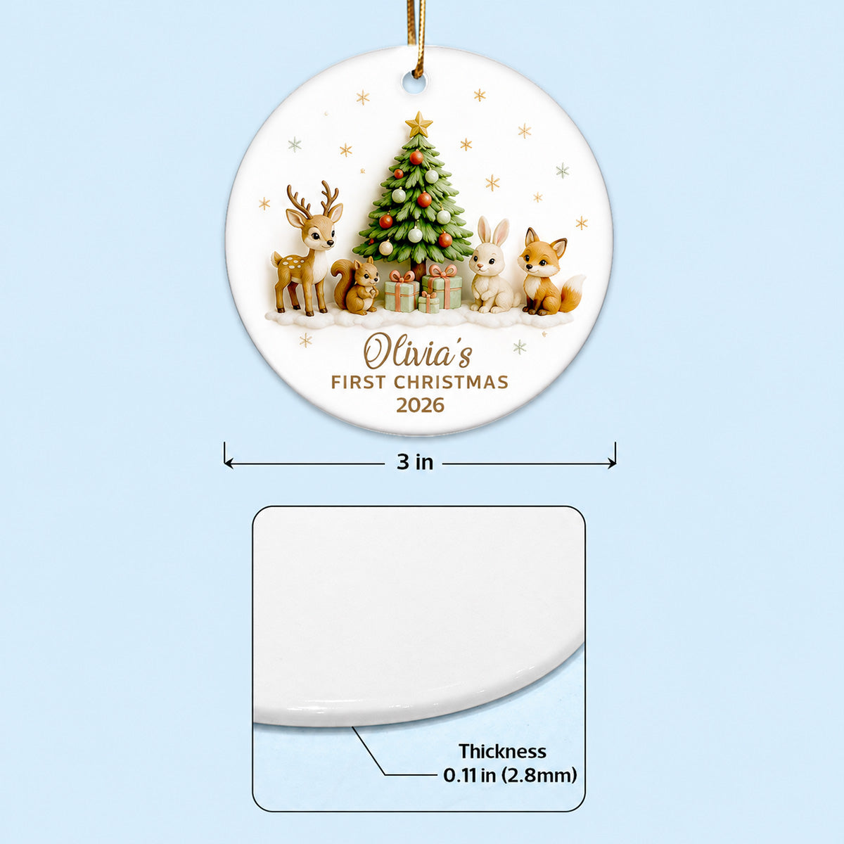 Baby’s First Christmas Tree & Woodland Animals 3D - Personalized Ceramic Ornament - New Baby Christmas Keepsake