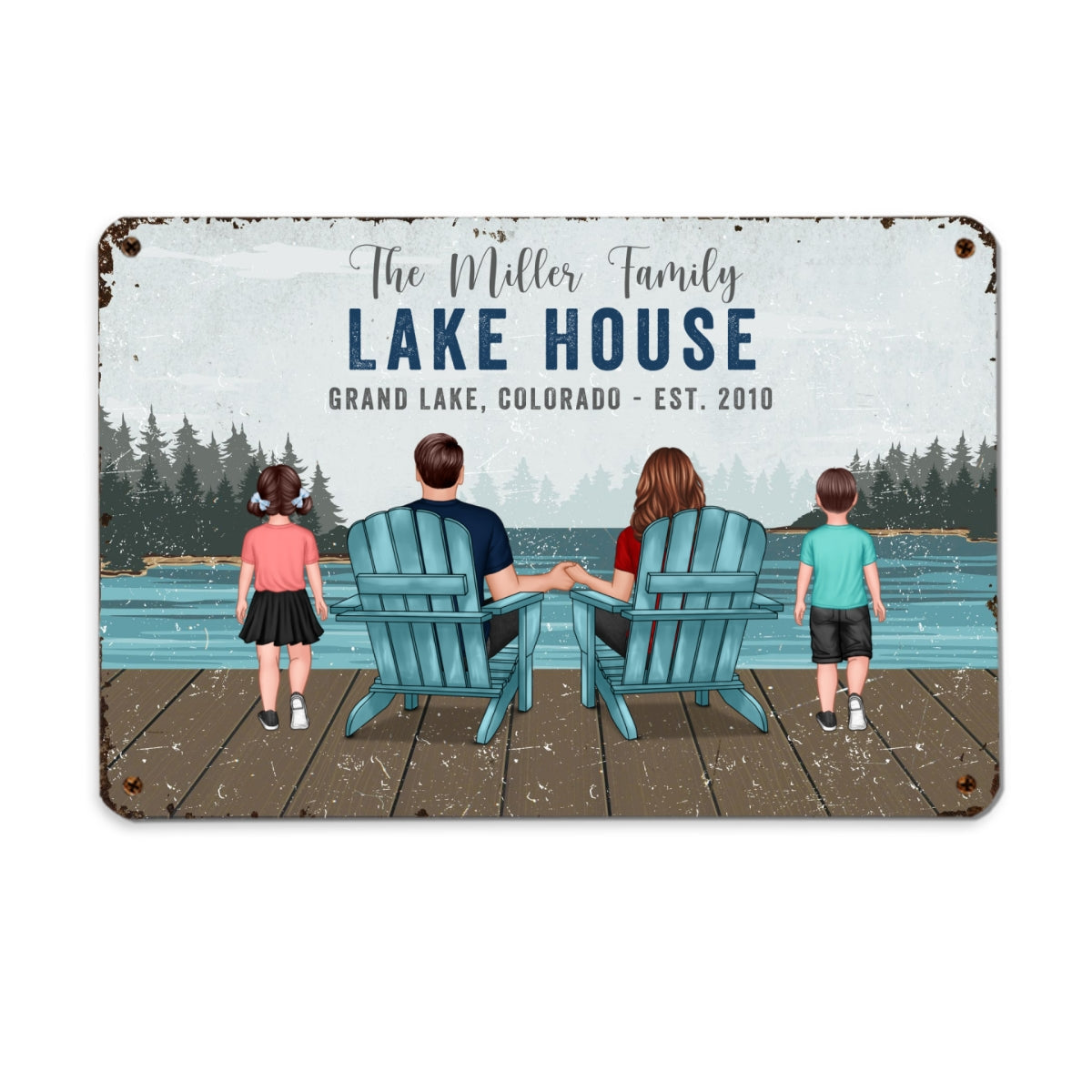 Lake House Sign Family Couple Kid Back View Lake View Personalized Metal Sign