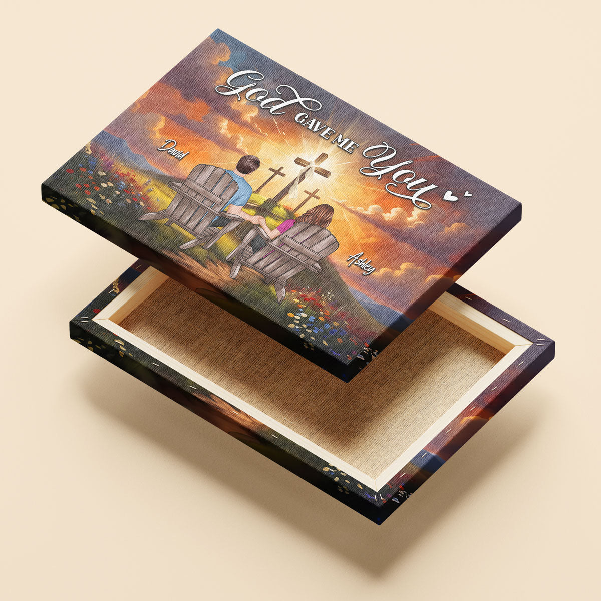 Cross On Mountain God Gave Me You Couple Sitting Personalized Canvas, Anniversary Gift For Him, Her