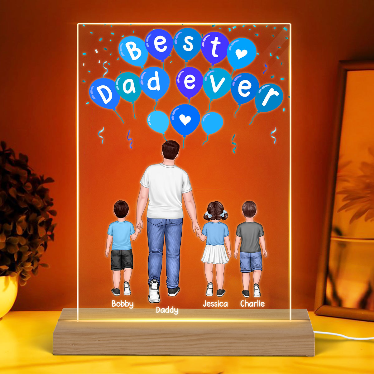 Blue Balloon Dad And Kids Back View Personalized Rectangle Acrylic LED Night Light