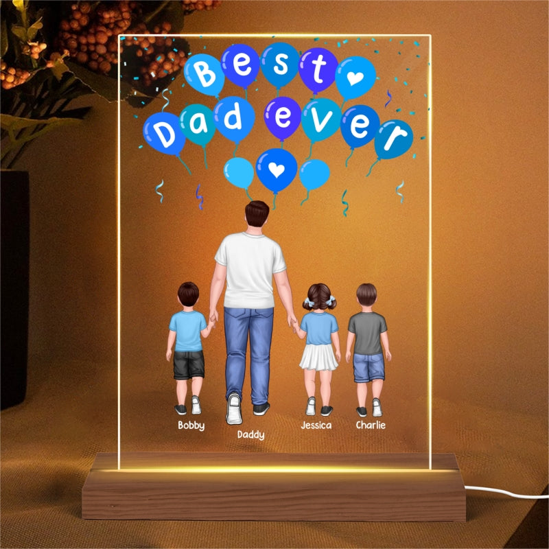 Blue Balloon Dad And Kids Back View Personalized Rectangle Acrylic LED Night Light