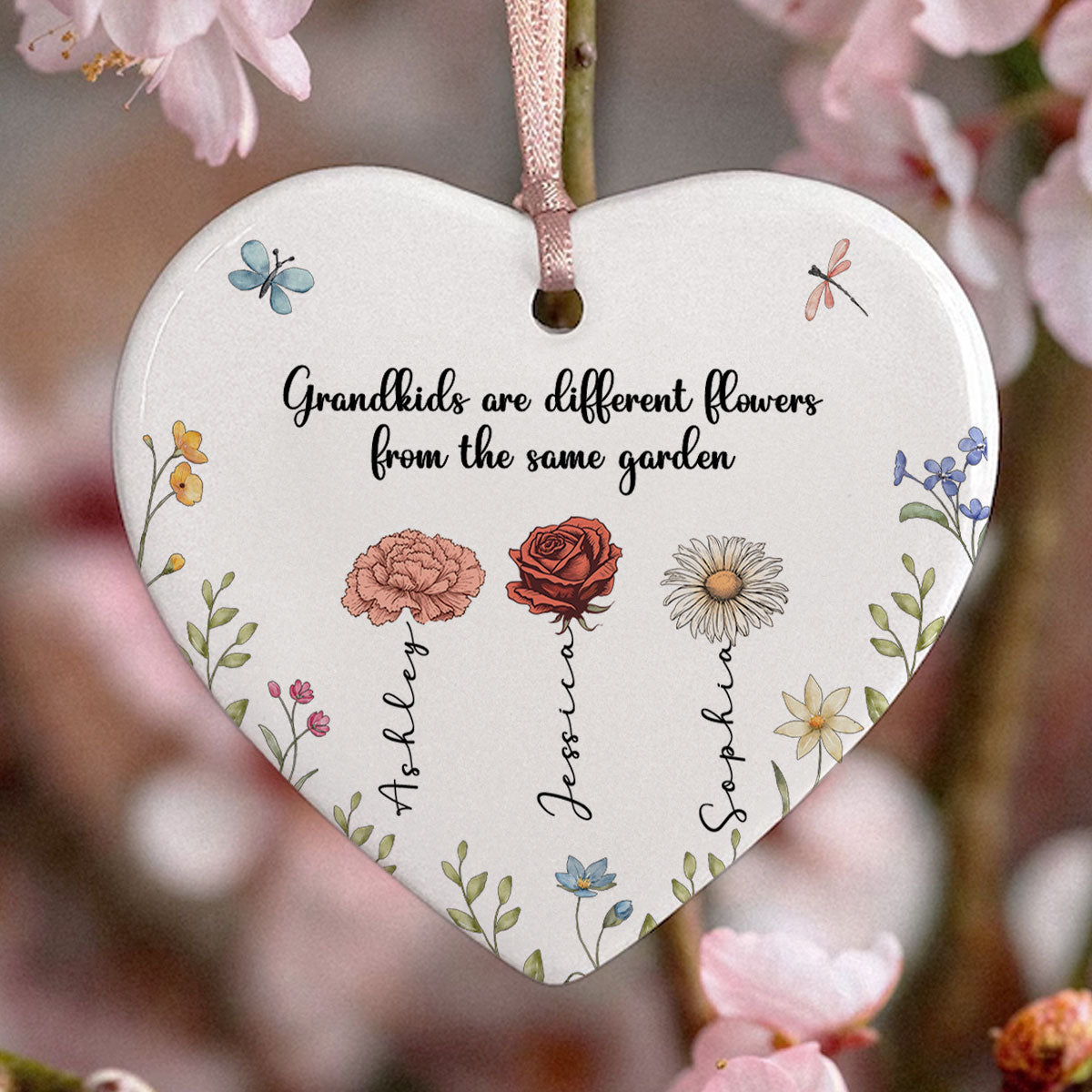 Grandkids Are Different Flowers from the Same Garden Personalized Heart Ornament, Gift for Grandma