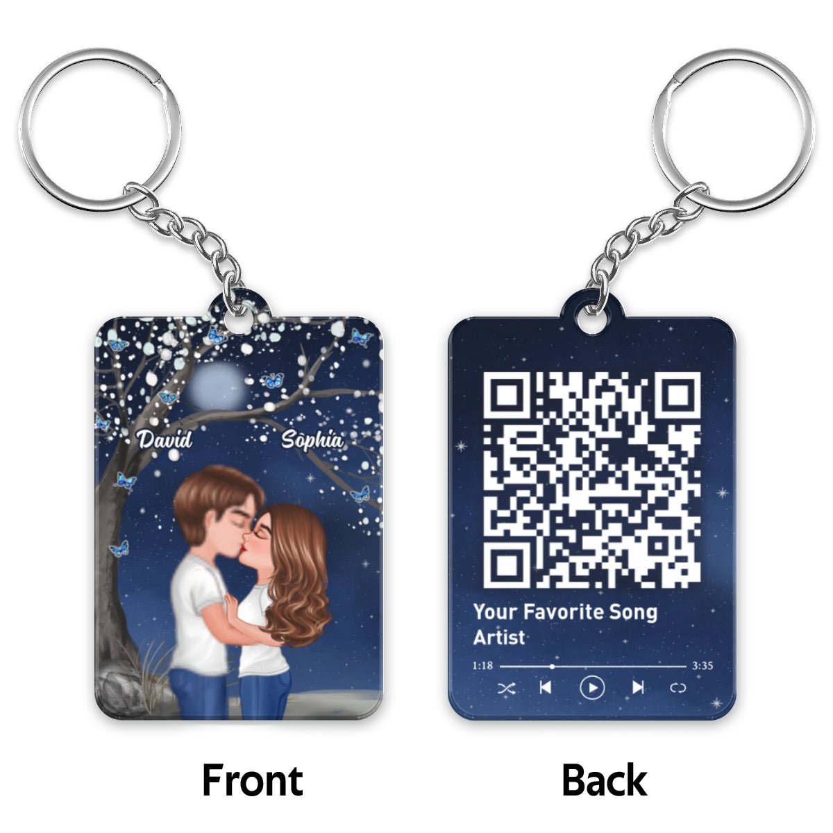Blossom Tree Doll Couple Kissing In The Moon Night Favorite Song Scannable QR Code Personalized Acrylic Keychain