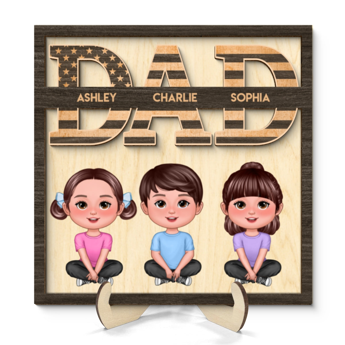 Dad We Love You Nation Flag Cute Children Sitting Crossed Legs Personalized 2-Layer Wooden Plaque
