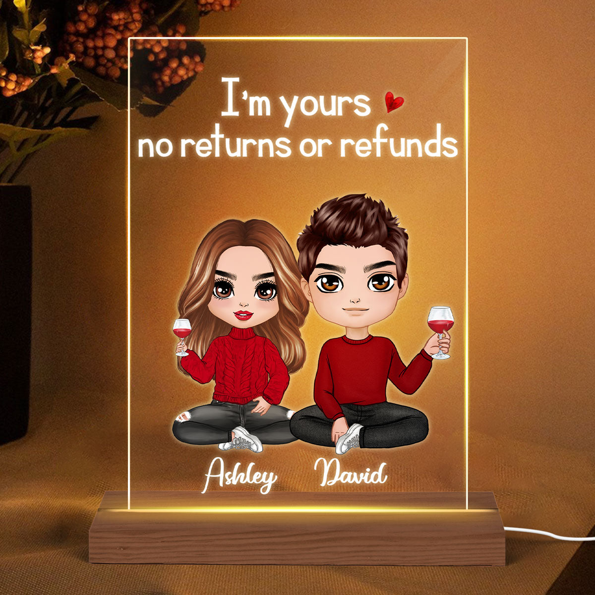 I'm Yours No Returns Or Refunds Doll Couple Sitting - Personalized Acrylic Block Plaque LED Night Light - Anniversary Gift For Him, Gift For Her