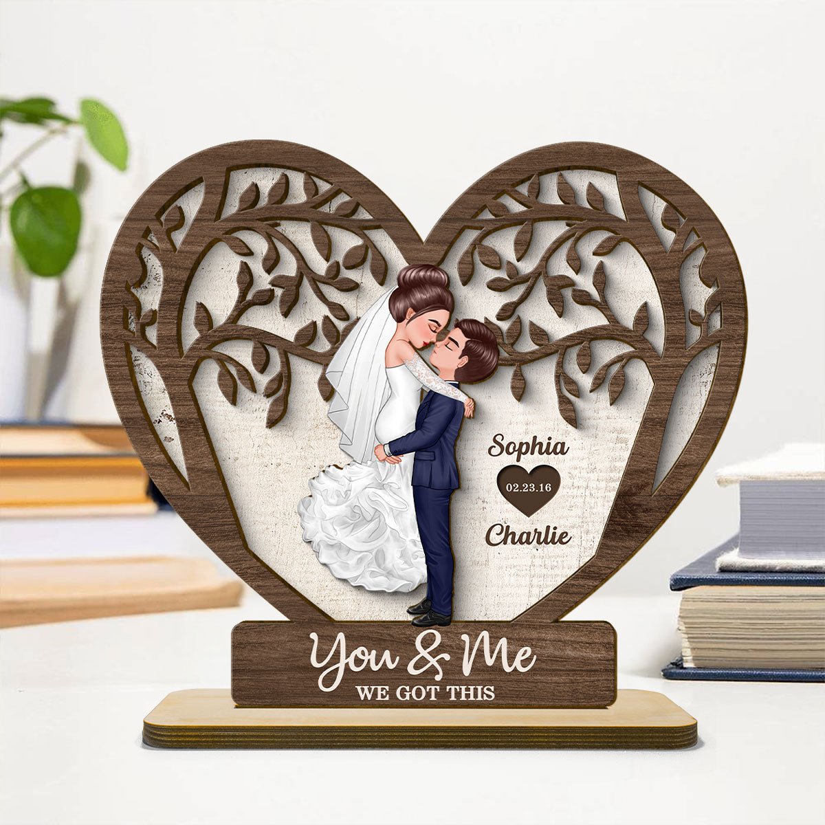 Groom & Bride Kissing Under The Tree Personalized 2-Layered Standing Wooden Plaque, Perfect Home Decor, Wedding Gift, Anniversary Gift For Him For Her For Couple