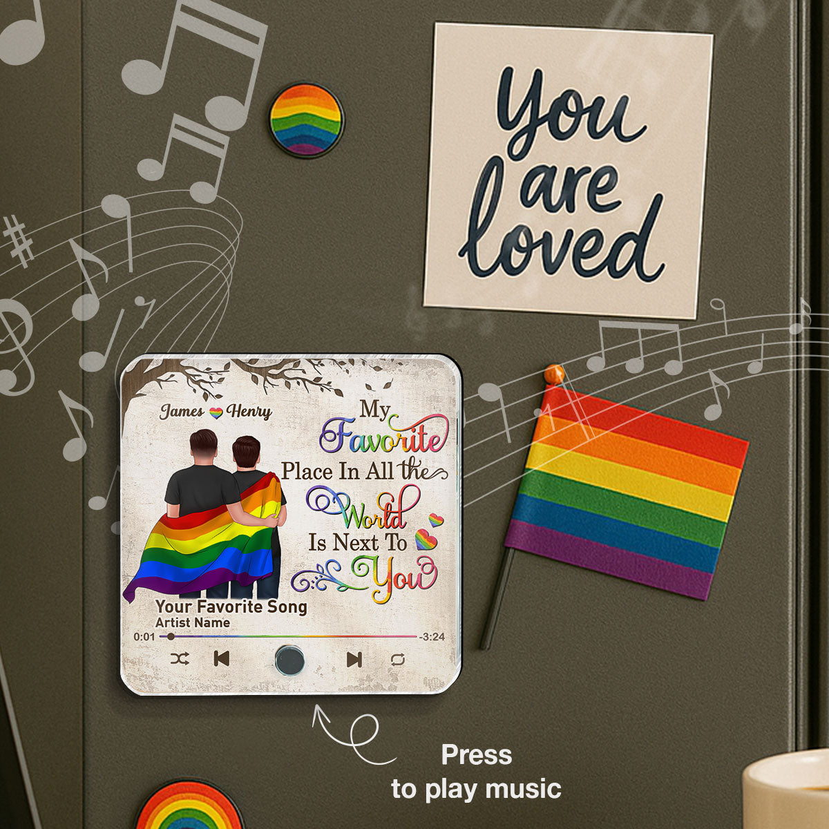 Favorite Place In The World LGBT Couple Standing Back View Personalized Music Fridge Magnet