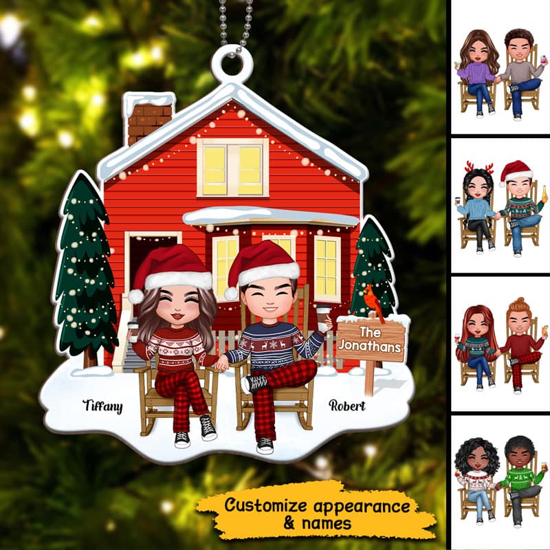 Couple Sitting In Front House Personalized Wooden Ornament