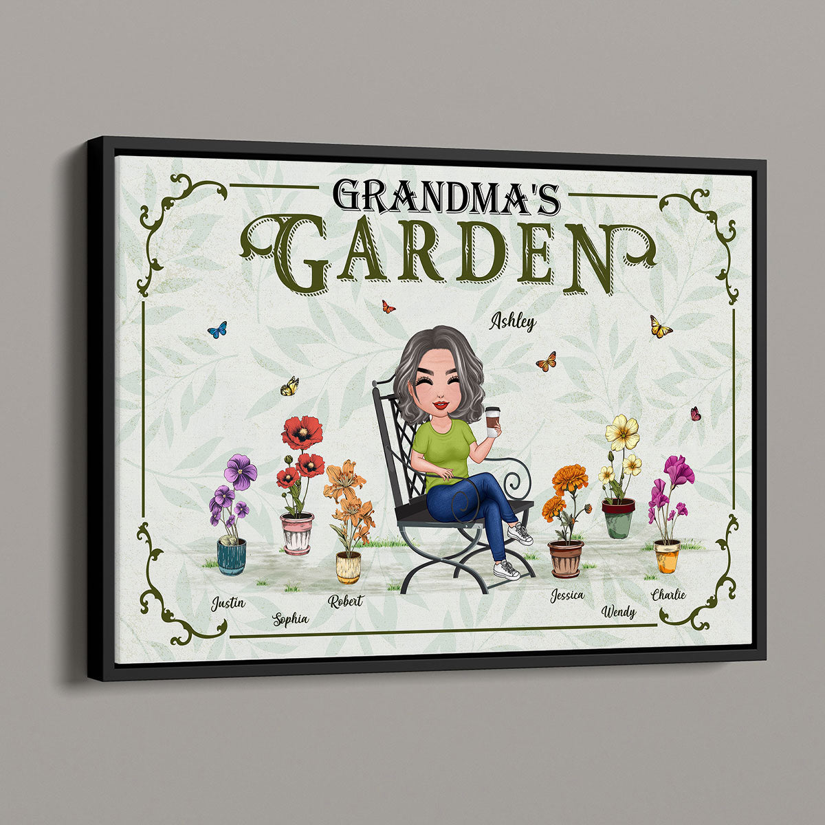 Grandma's Garden Woman Sitting Birth Month Flowers Pot Personalized Poster