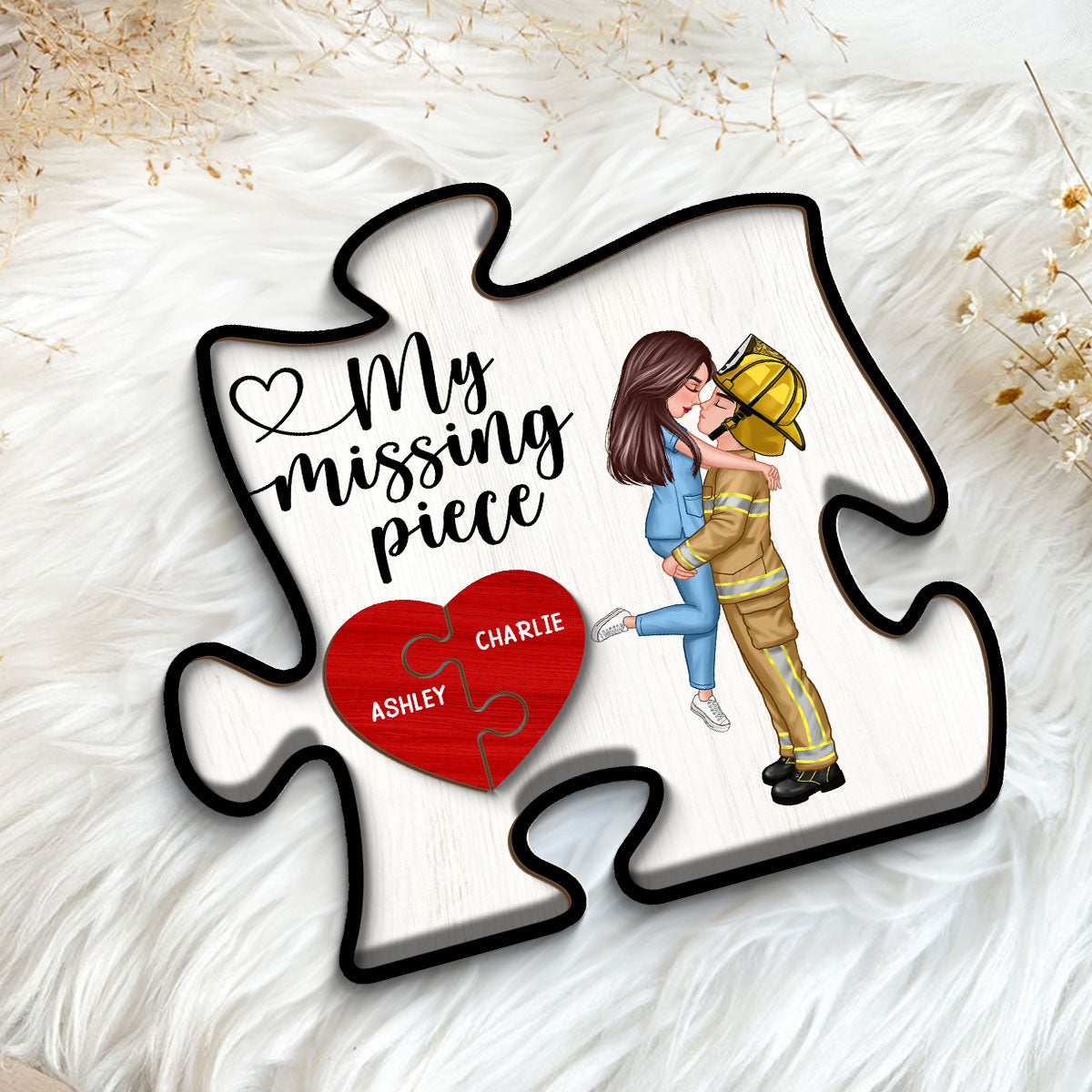 My Missing Piece Couple Hugging Kissing Valentine‘s Day Gifts by Occupation Gift For Her Gift For Him Firefighter, Nurse, Police Officer Personalized Puzzle Shaped 2-Layer Wooden Plaque