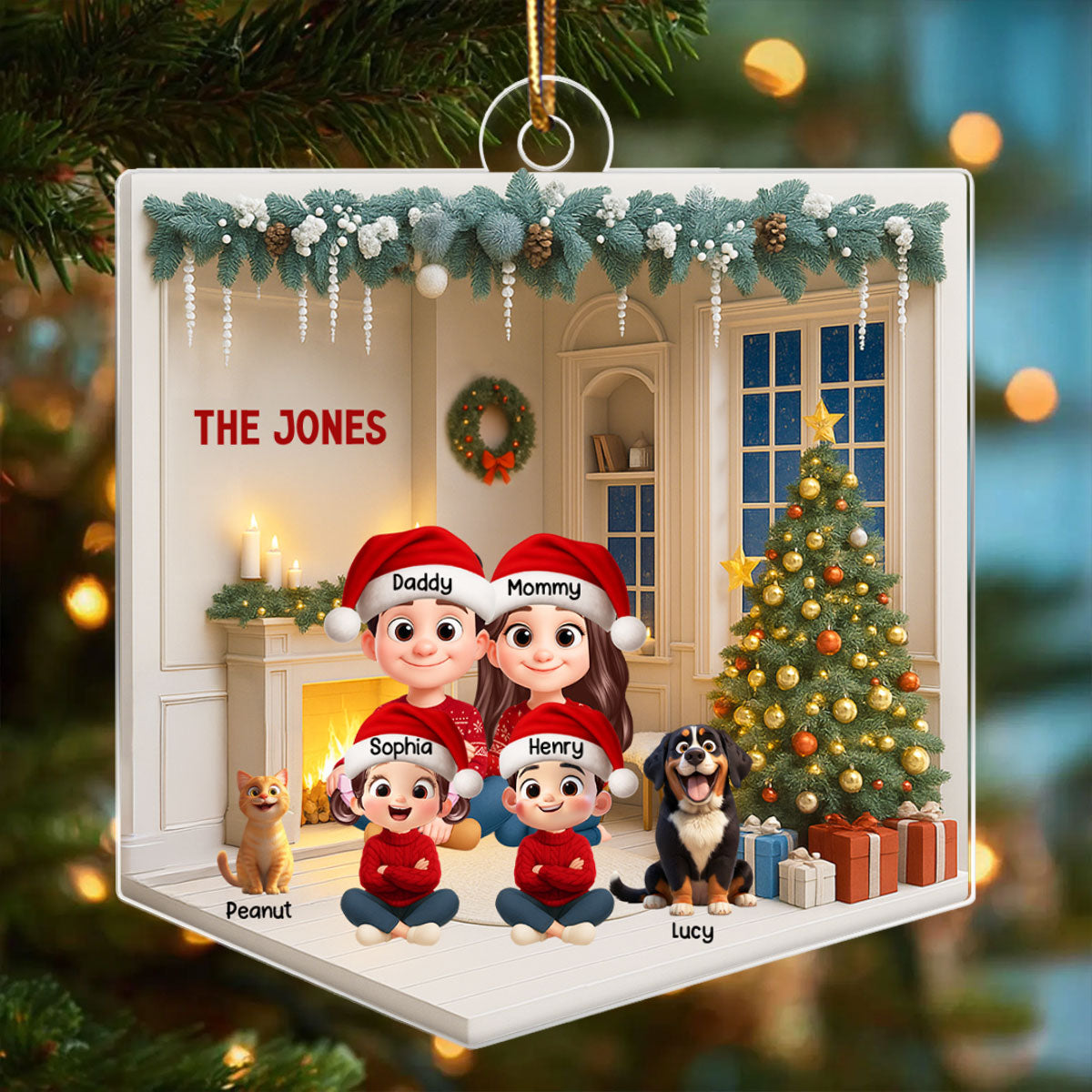 3D House Interior Family Sitting - Personalized Acrylic Ornament - Christmas Gift for Family
