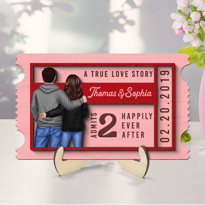 Couple True Love Story Ticket Personalized 2-Layer Wooden Plaque