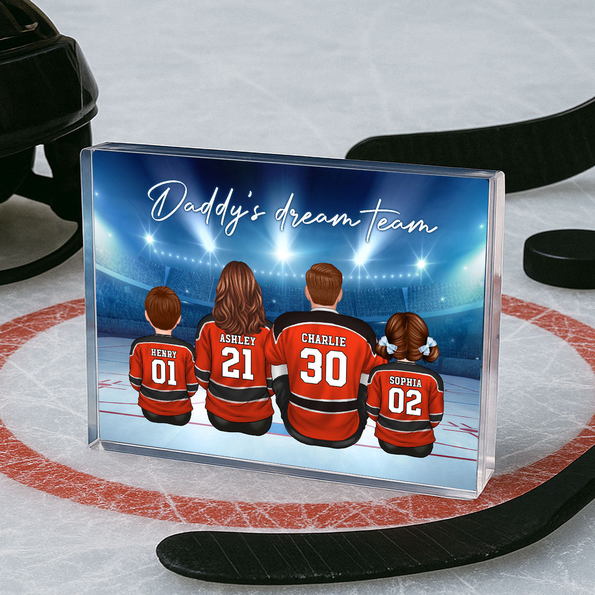 Daddy's Team Hockey Family Sitting Personalized Acrylic Block, Unique Father's Day Gift for Dad, Gift for Husband