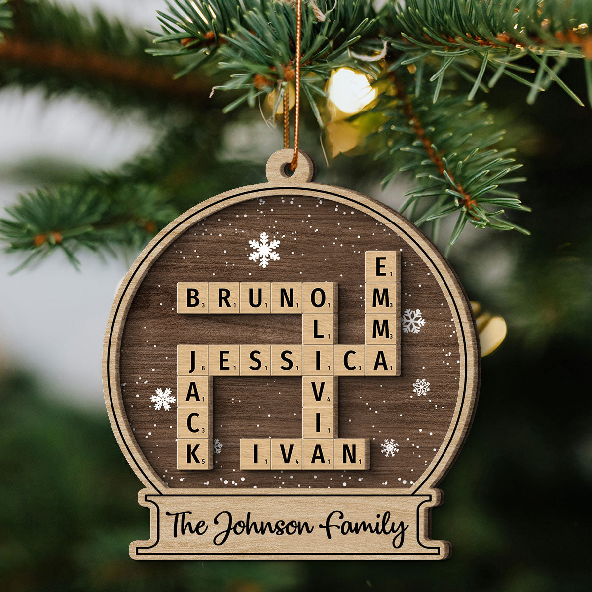 Family Names In Snow Globe Crossword Puzzle Art Personalized 2-Layer Wooden Ornament, Christmas Decor, Christmas Gift For Families