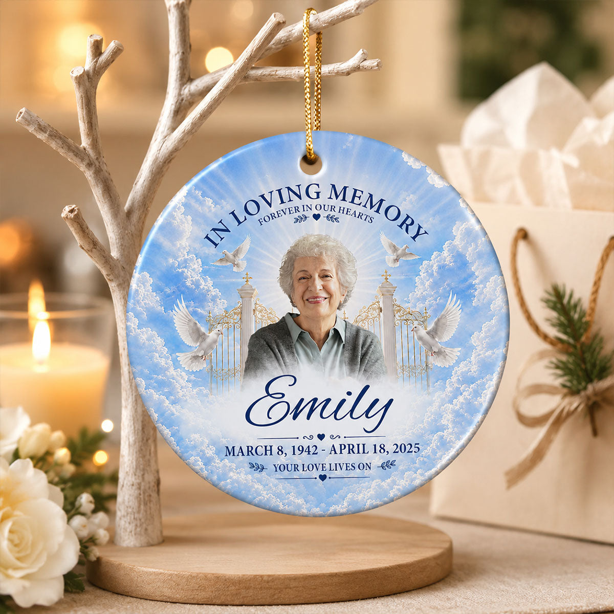 In Loving Memory Your Love Lives On - Personalized Ceramic Ornament - Memorial Gift, Funeral Keepsake