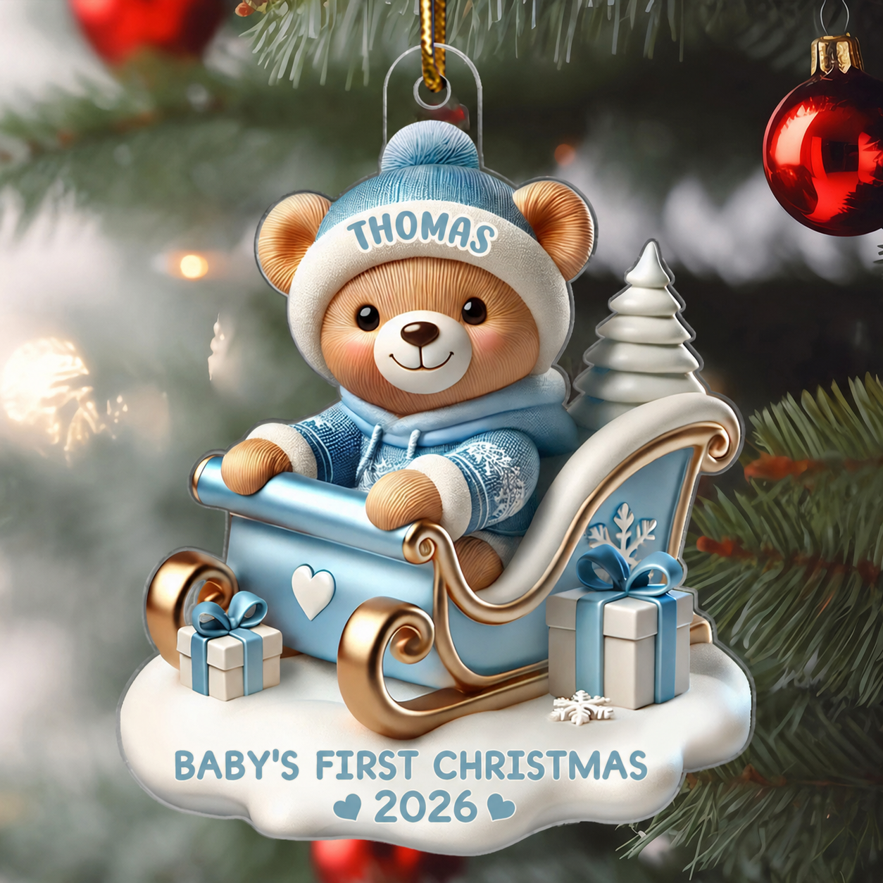 3D Effect Teddy Bear First Christmas Personalized Acrylic Ornament, Christmas Gift For Newborns, New Parents