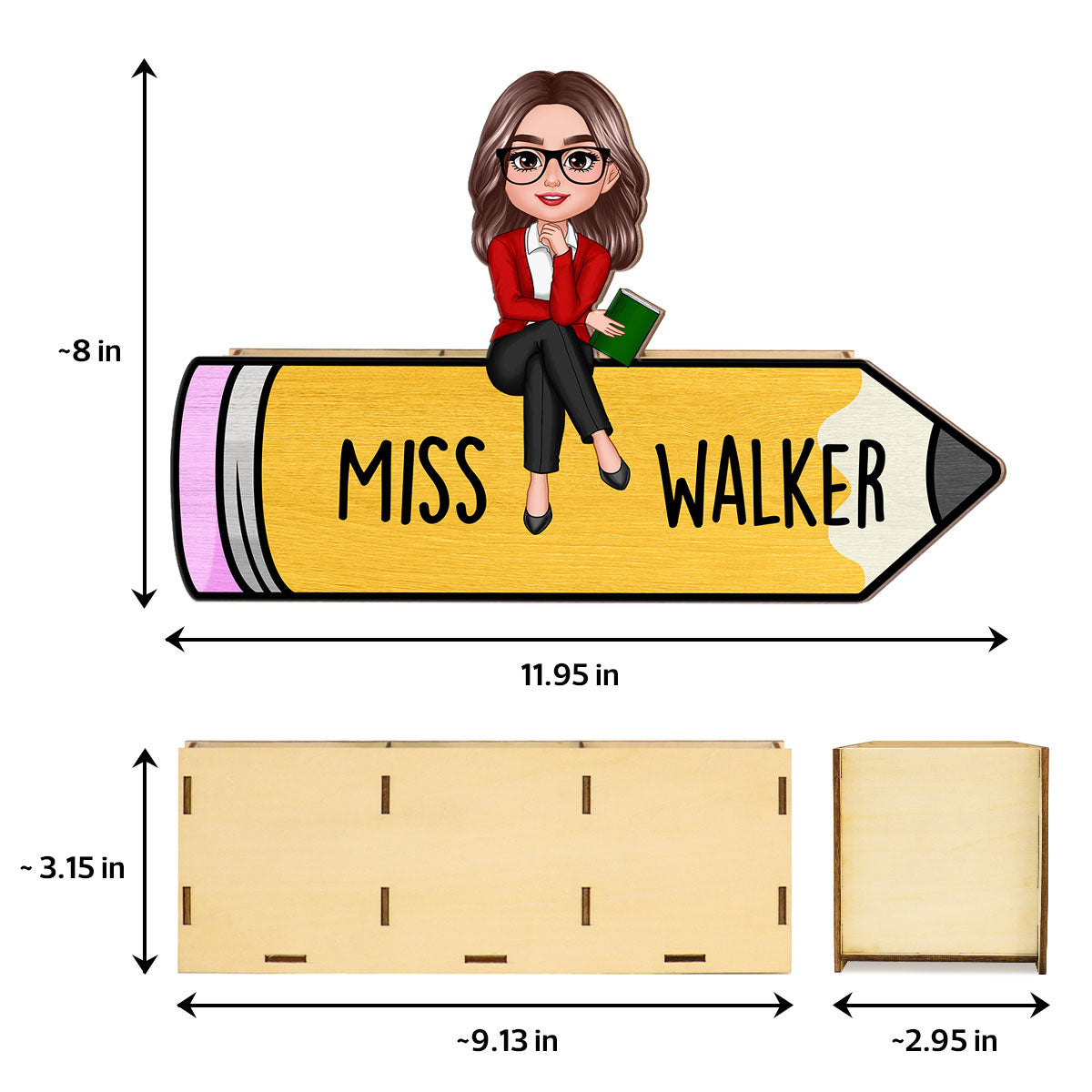 Doll Teacher Sitting On Pencil Personalized Wooden Pen Pencil Holder, Back To School Gift