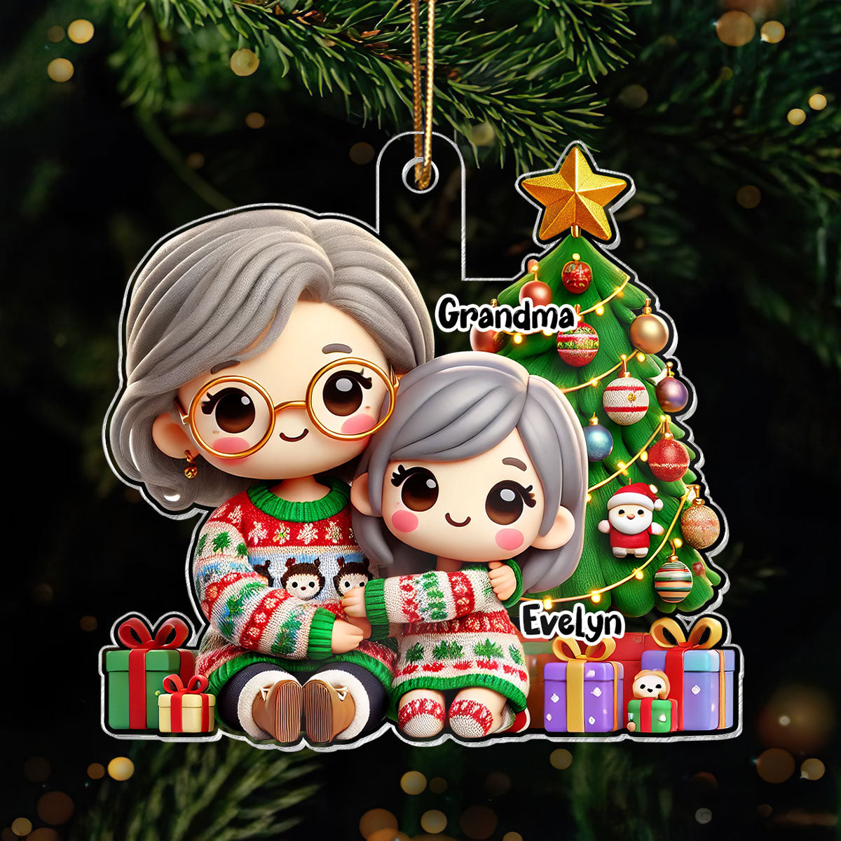 Cute Grandma Grandkid Christmas Tree And Gifts Personalized Acrylic Ornament