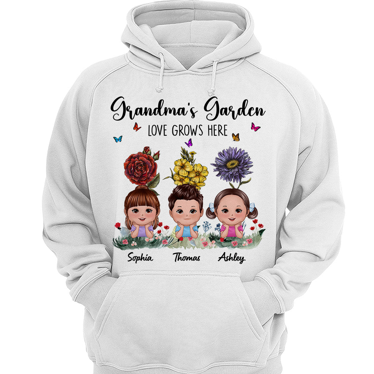 Grandma‘s Garden Cute Kids With Beautiful Vintage Birth Flower Behind Personalized Shirt