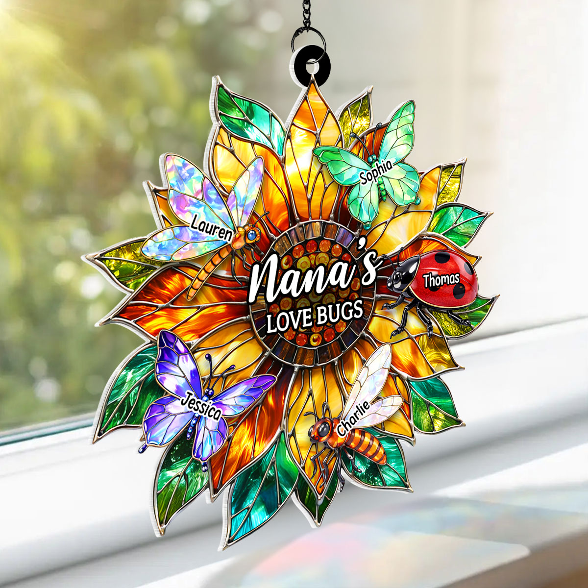 Grandma's Love Bugs Sunflower - Personalized Acrylic Window Hanging - Mother's Day Gift for Mom, Grandma, Wife