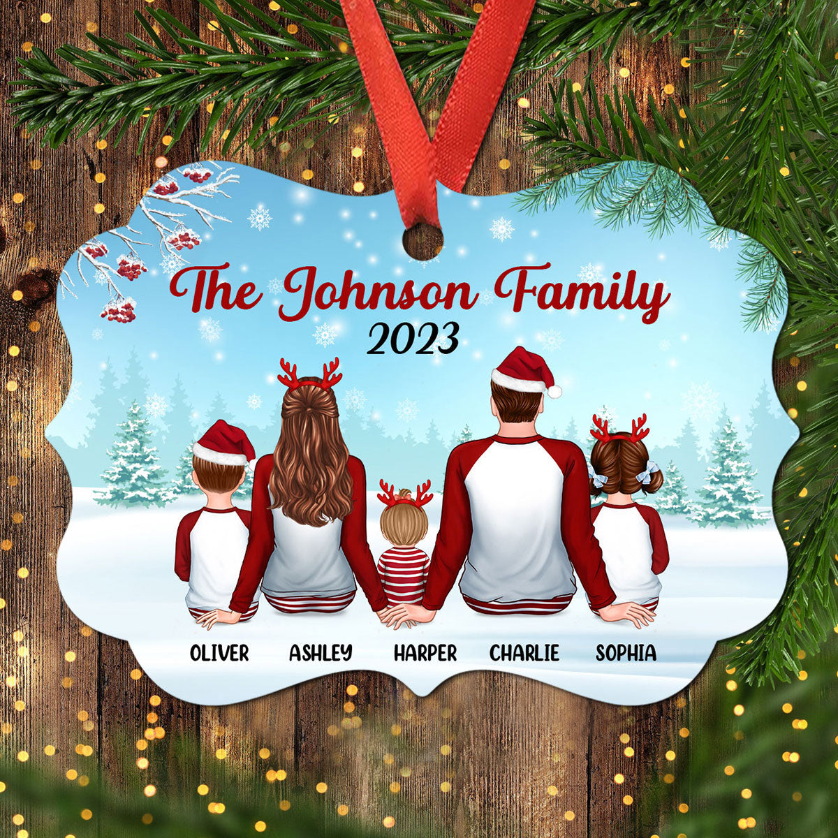 Family In Snow Back View Personalized Christmas Aluminium Ornament