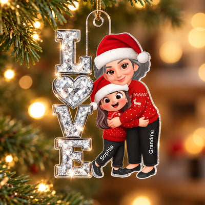 Grandma Hugging Grandkid LOVE Sparkle 2D Flat - Personalized Acrylic Ornament - Christmas Gift For Grandma, Granddaughter, Grandson