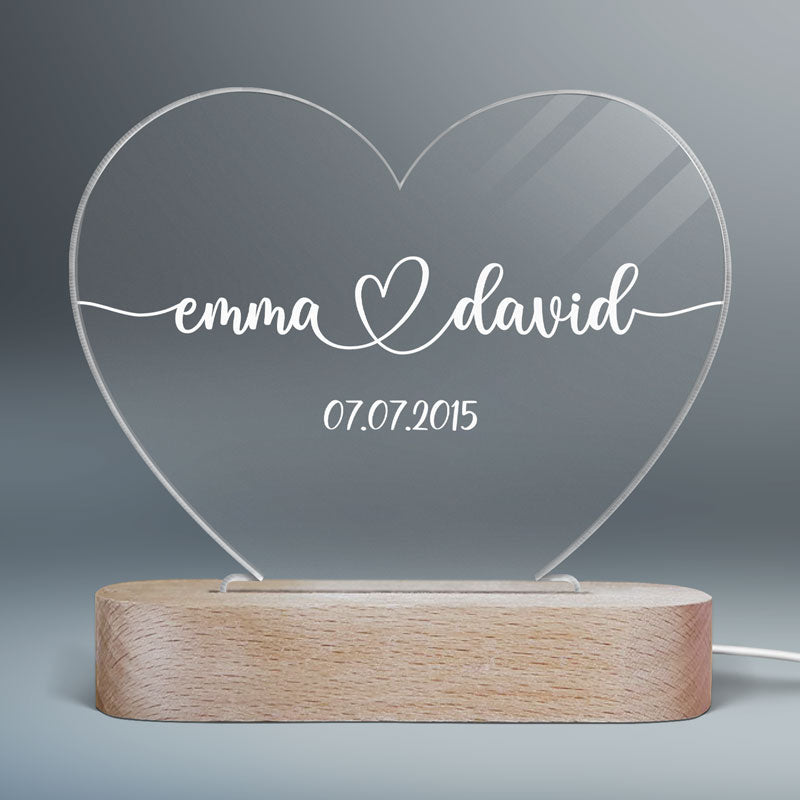 Simple Couple Names Date Personalized Heart Plaque with LED Night Light - Acrylic LED Lamp - Valentines Day Gift - Anniversary Gift - Romantic Gift For Couple - Gift For Him - Gift For Her