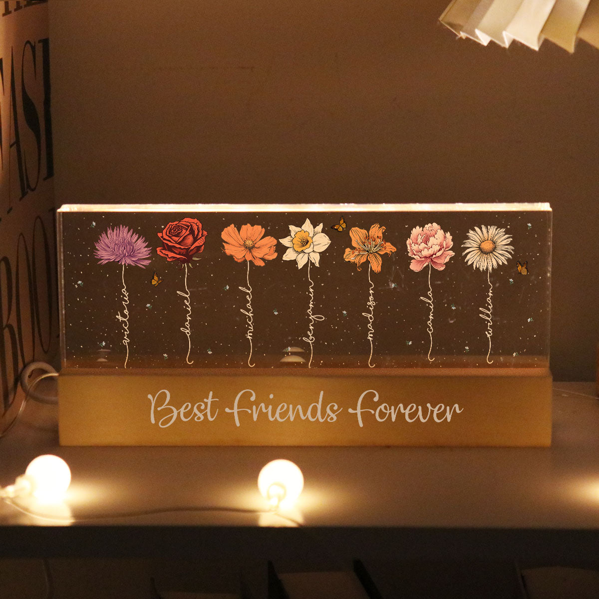 Besties Sisters Birth Month Flowers Personalized Acrylic Block LED Night Light, Gift For Best Friends, Besties, BFF, Sisters