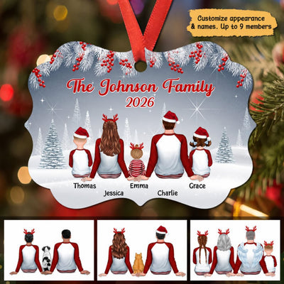 Pajamas Family Sitting In Winter Background Spruce Branch Personalized Christmas Ornament