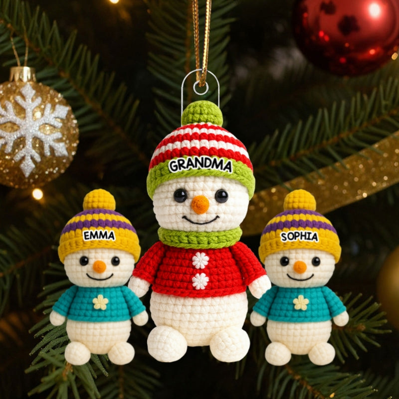 Heartwarming Grandma Grandkids Snowman 3D Crochet Effect - Personalized Acrylic Ornament - Christmas Gift for Grandmas
