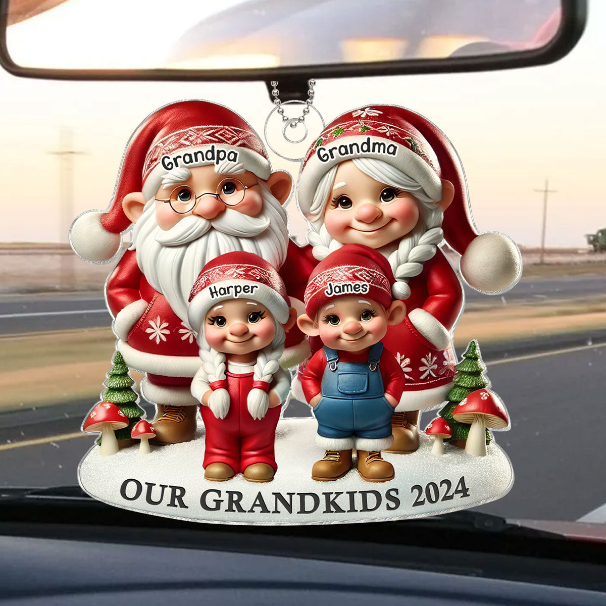 3D Effect Gnome Grandma Grandpa And Grandkids Christmas Personalized Acrylic Car Hanger Ornament