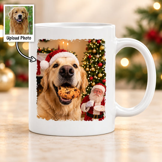 Dog Cat Steal Cookie From Santa Upload Pet Photo - Personalized Mug- Funny Christmas Gift For Dog Lovers, Cat Lovers, Pet Lovers