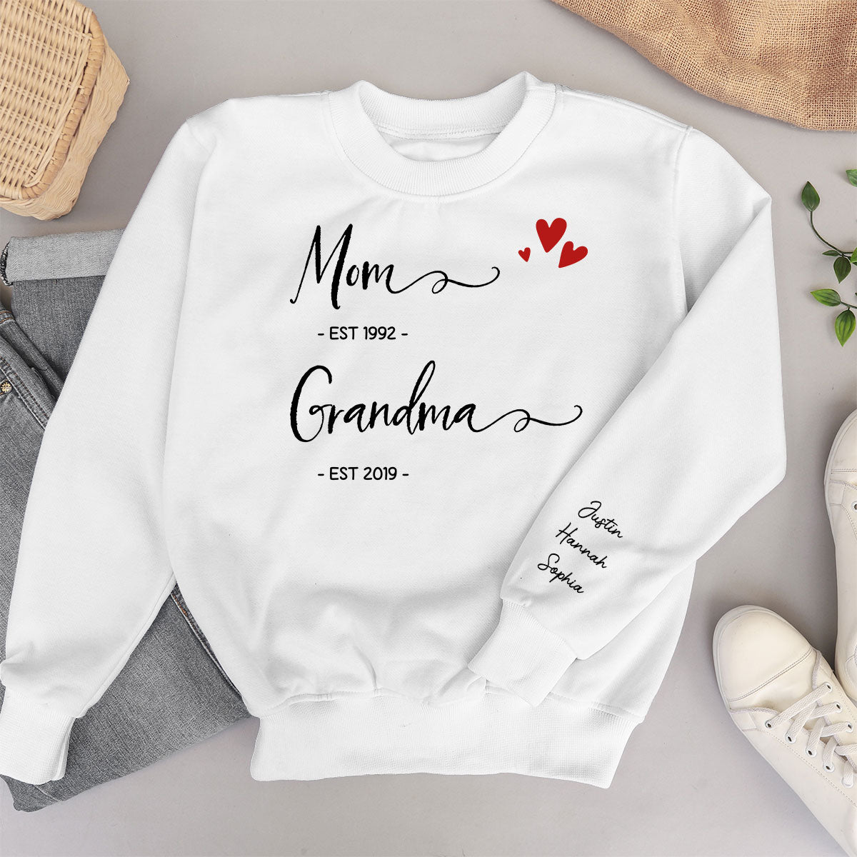 Mom Grandma Est Date, Gift, Personalized Sleeve Printed Sweatshirt