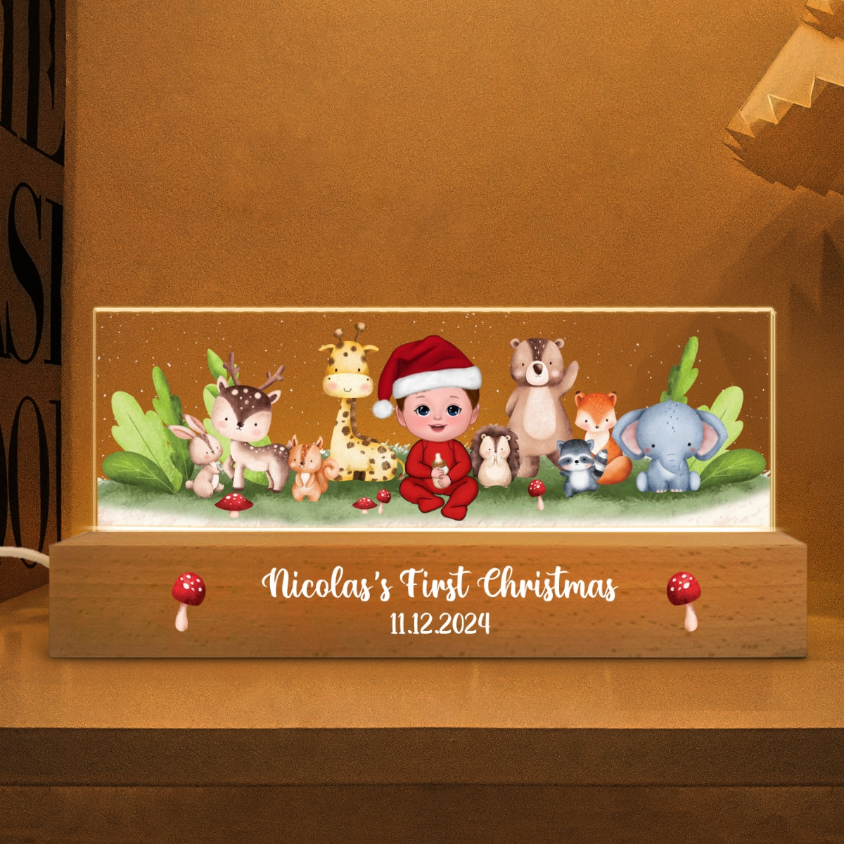 Woodland Animals Baby Christmas Personalized Acrylic Block LED Night Light