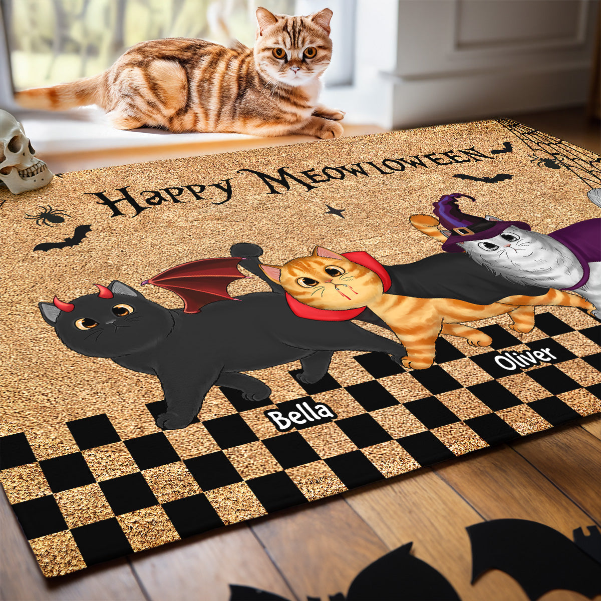 Spooky Season Happy Meowloween Spooky Walking Cats Personalized Doormat, Halloween Decor