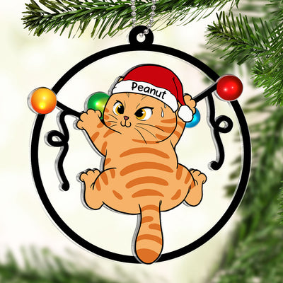 Cat Swinging Christmas Lights Personalized 2-Layer Acrylic Ornament, Christmas Decoration